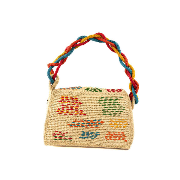 Sac été coloré en raphia rehaussé de broderies, doté d'une anse corde tressée multicolore