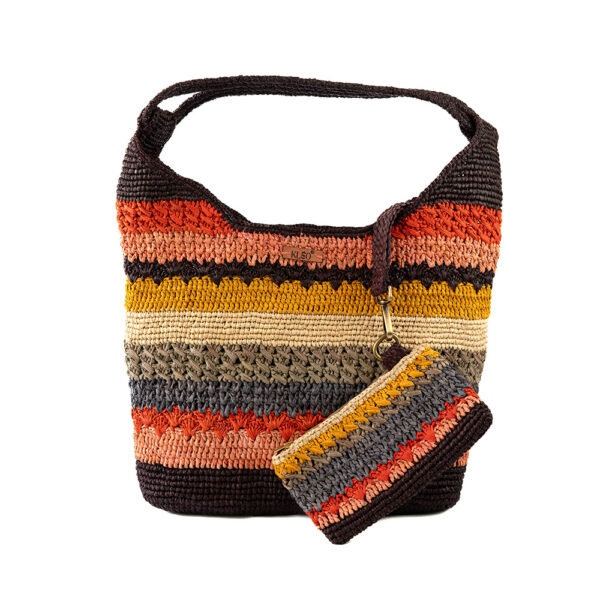 Sac hobo multicolore en raphia, doté d'une anse corde en raphia et d'une pochette assortie