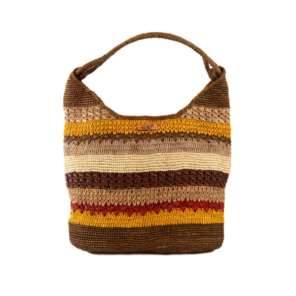 Sac hobo rayé multicolore en raphia, doté d'une anse corde en raphia et d'une pochette assortie