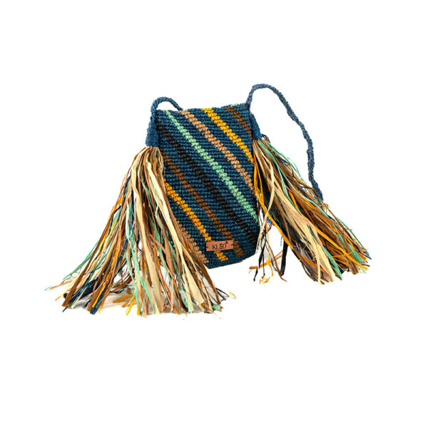 Sac bandoulière casual chic bleu multicolore en raphia avec rayures et franges