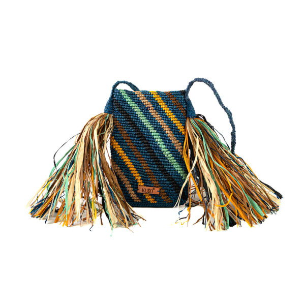 Sac bandoulière casual chic bleu multicolore en raphia avec rayures et franges