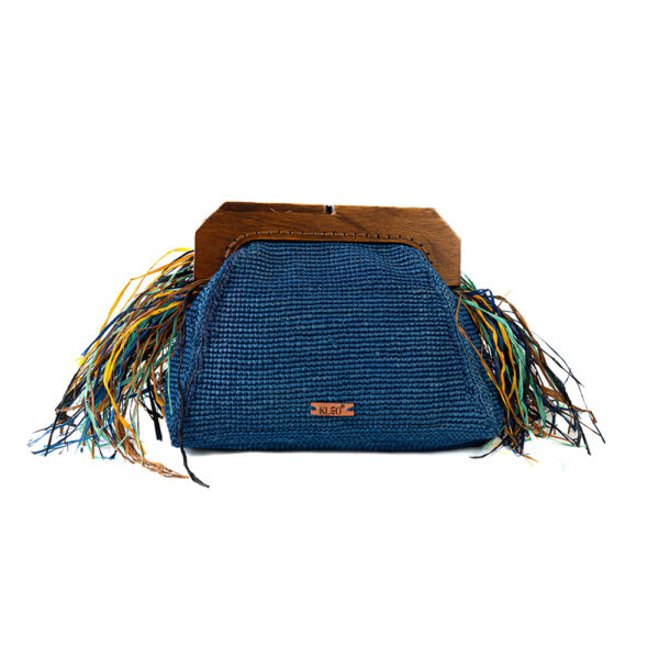 Sac à main femme bleu raphia multicolore à franges et fermoir bois