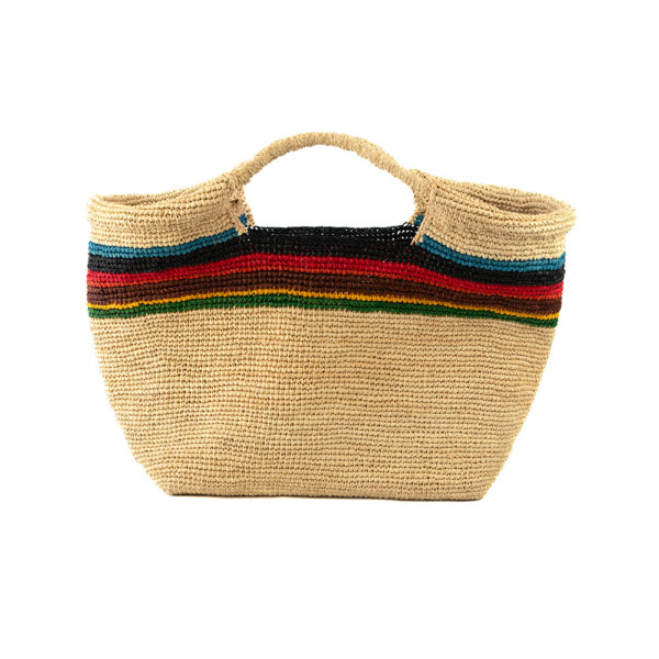 Sac cabas en raphia avec franges multicolores, doté d'une anse tressée.