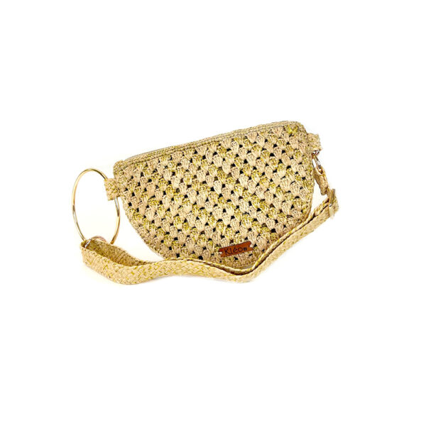 pochette beige dorée avec anneau or et sangle